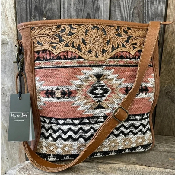 Myra Bag Boho Tooled Leather & Canvas Shoulder Bag New - Picture 8 of 9